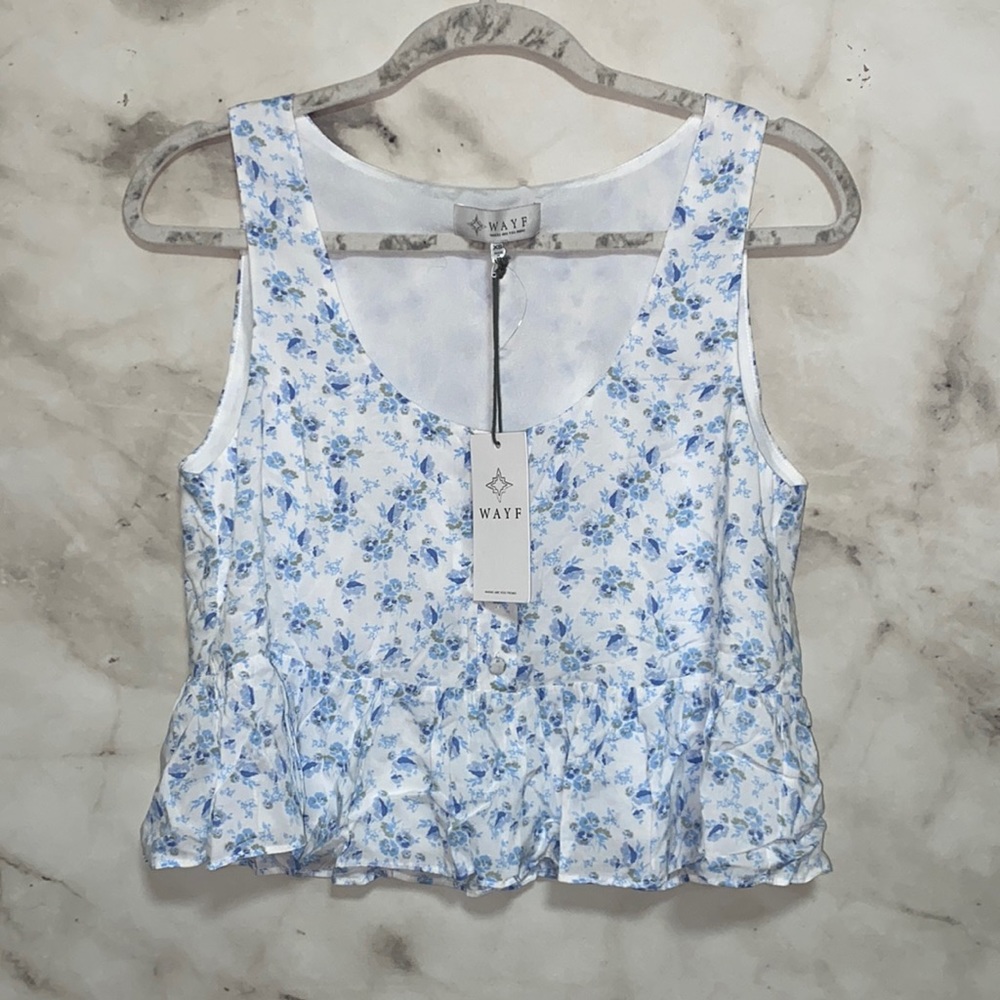 WAYF Blue Floral Cropped Ruffle Bottom Tank - Picture 2 of 9